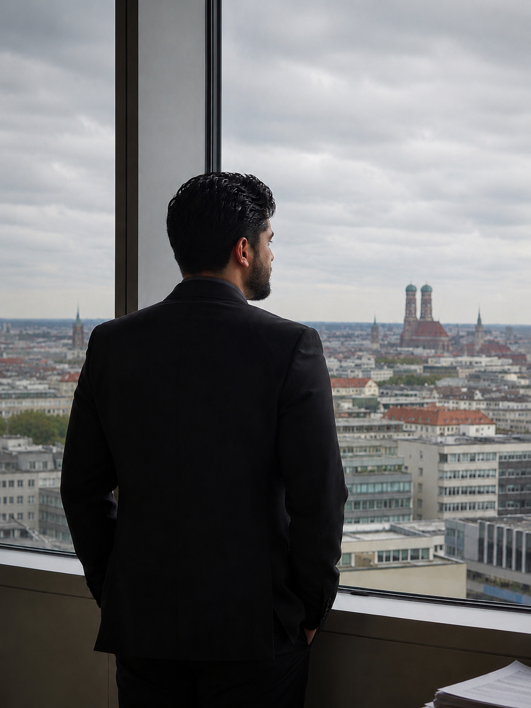Amir Akkam vor einem Fenster mit Blick über München