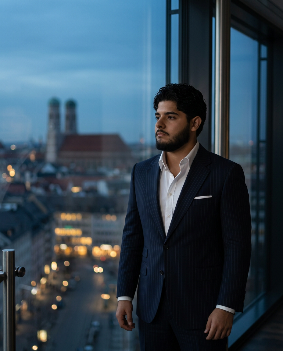 Amir Akkam vor einem Fenster mit Blick über München